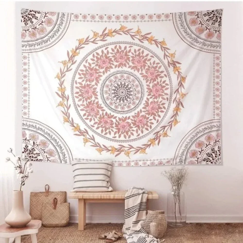 Floral Mandala Boho Neutral Pink/Cream Rose/Daisy Tapestry Wall Art Home Decor